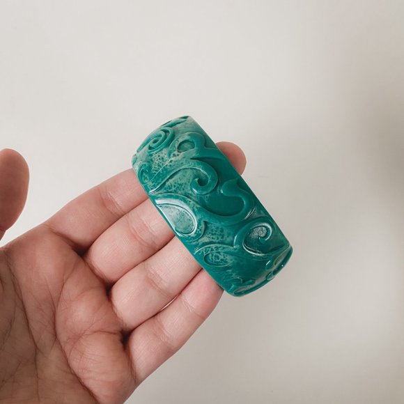 Vintage Acrylic Chunky Teal Green Faux Marble Art Nouveau Wide Bangle Bracelet - Picture 8 of 11
